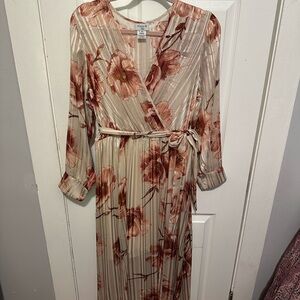 Cream and Orange Wrap Gown with Pleated Tie Front